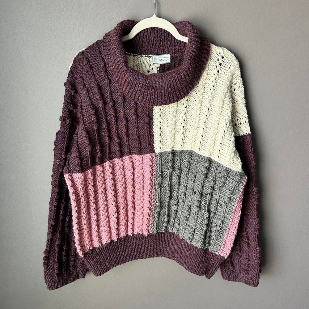 Vintage Handmade Cable Knit Sweater Womens L Purple Color Block - Picture 3 of 8